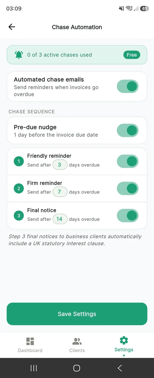 Chase automation with 3-step reminder sequence