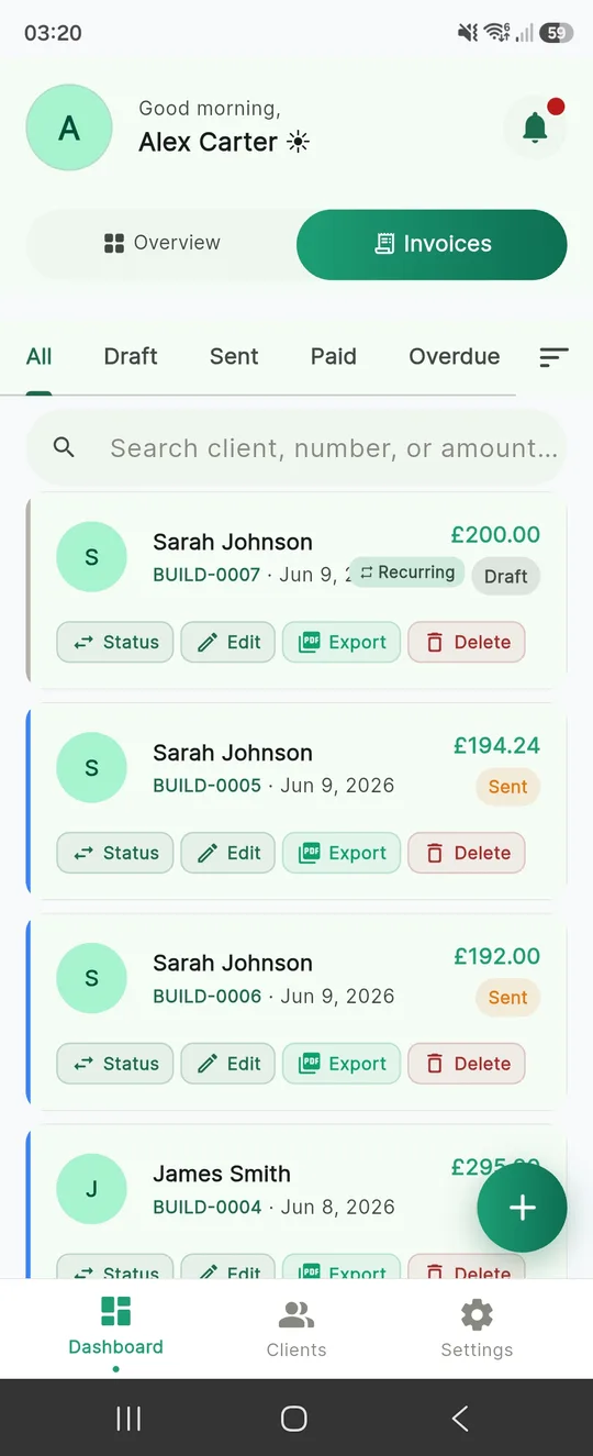 Invoice list view showing paid and sent invoices