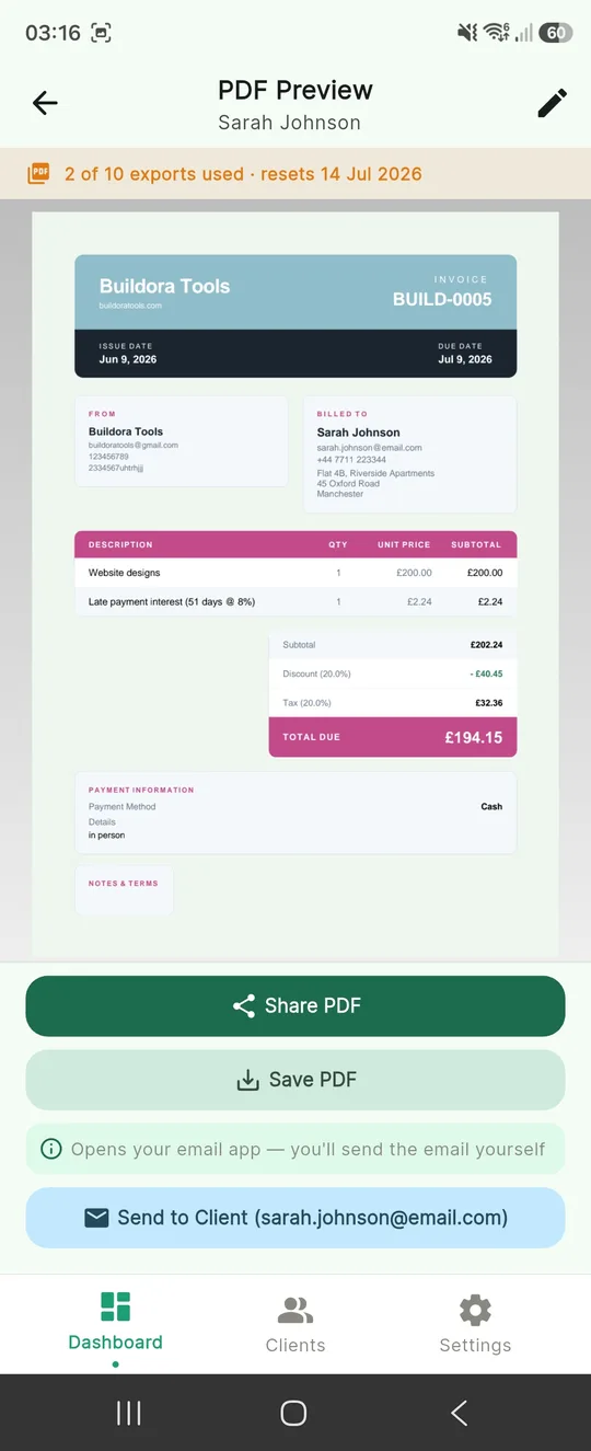 Professional PDF invoice ready to share or send