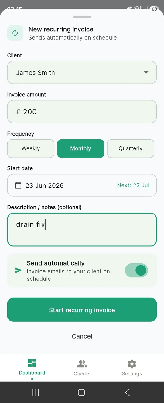 Setting up a recurring invoice
